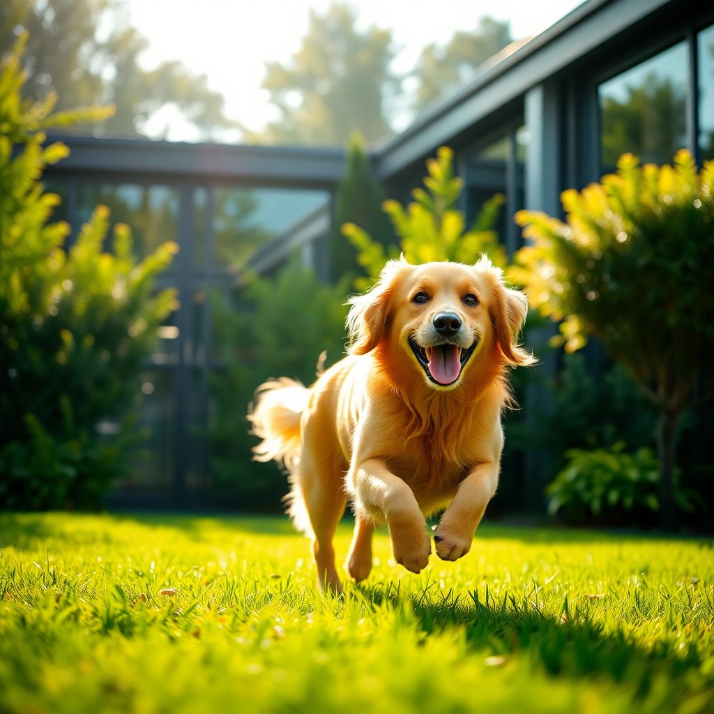 Happy golden retriever running in a lush green garden of a modern dog hotel, warm natural sunlight, shallow depth of field, professional photography, 8k, joyful atmosphere