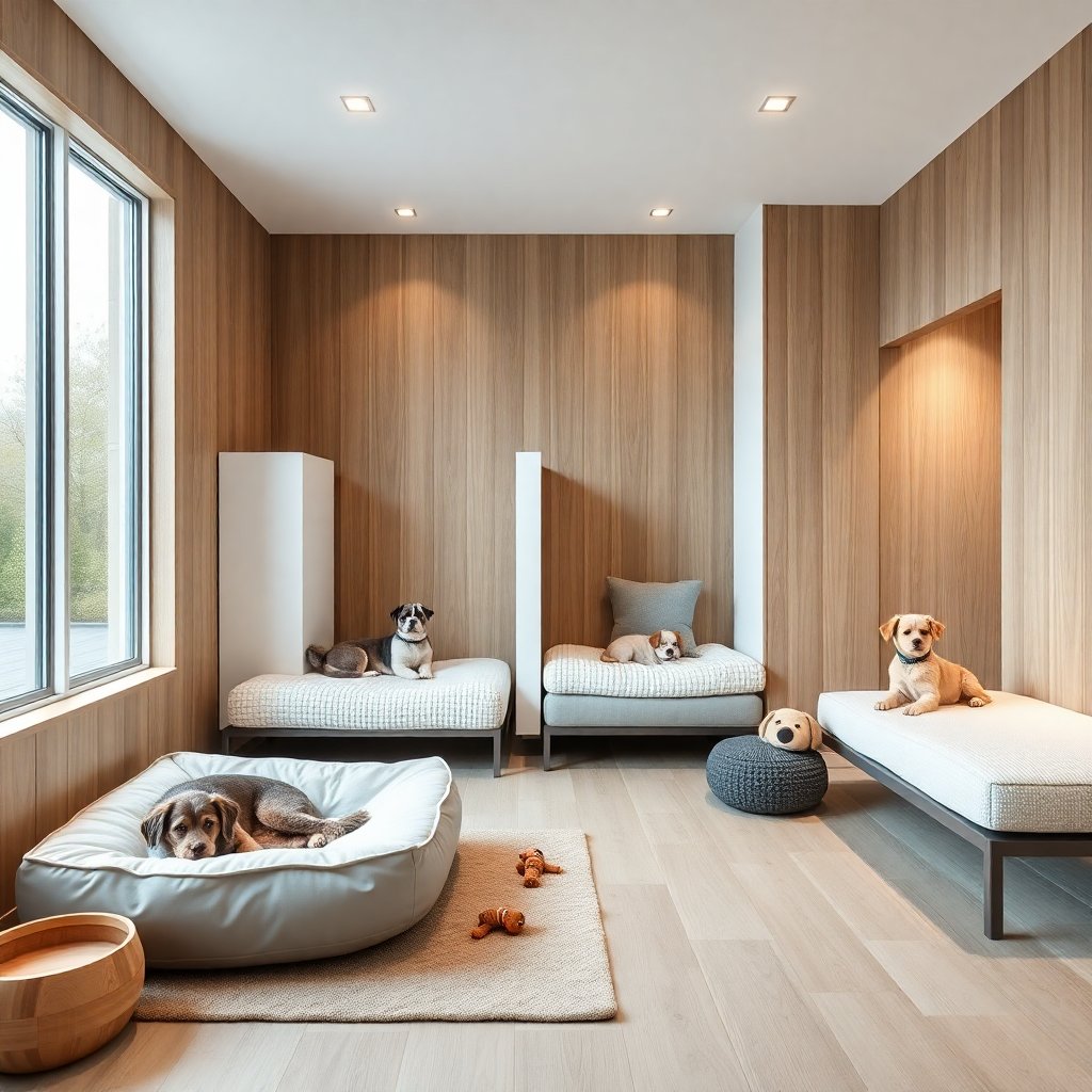 Clean and stylish indoor dog suites with comfortable dog beds, toys, and wooden walls, modern interior design for pets, bright and airy