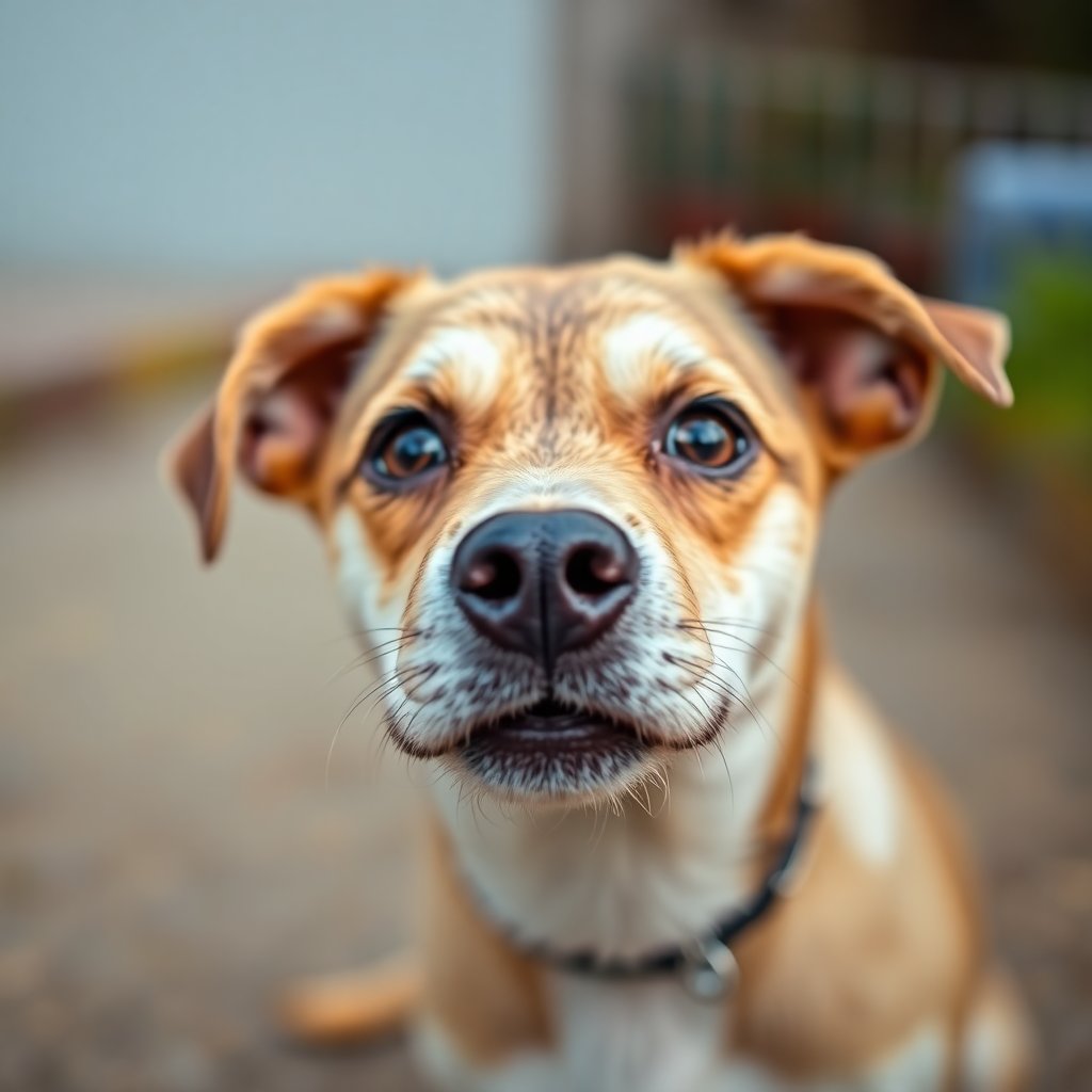 Close up of a cute dog looking curiously at the camera, soft blurred outdoor background, friendly expression